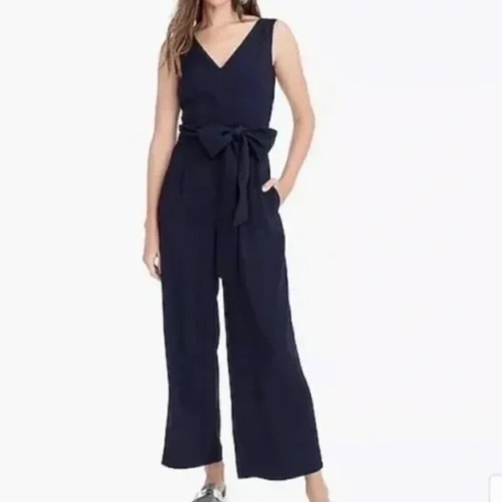 J. Crew Wrap Tie Navy Jumpsuit in Stretch Poplin